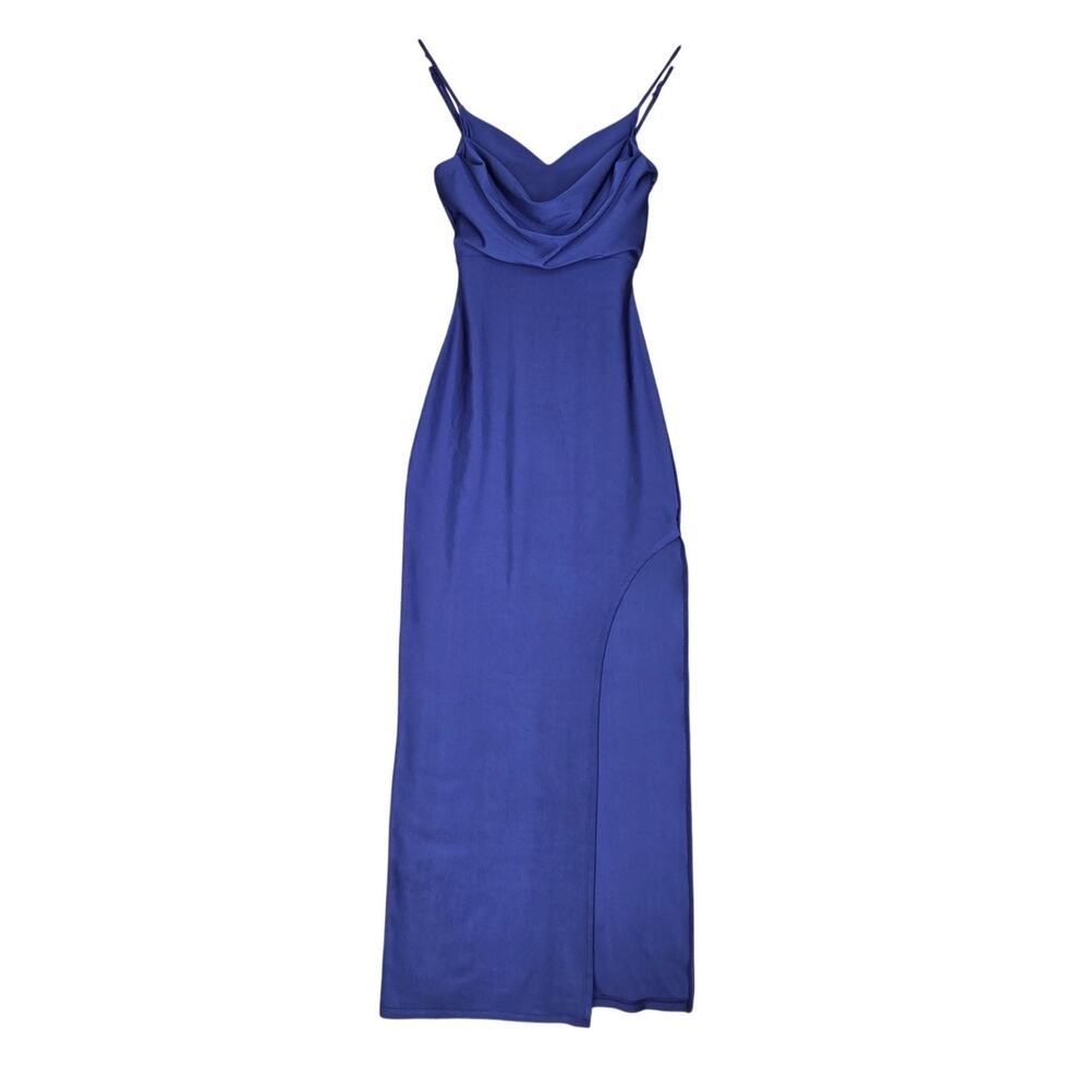 E.L.H STUDIO WOMEN’S DRAPED NECK ELEGANT DRESS – BLUE – SIZE S – STRETCH FABRIC